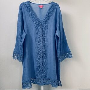 ISAAC Mizrahi Womens Daisy Cover Up Shirt 3/4 Sleeve V Neck Cotton Blue Size XXL